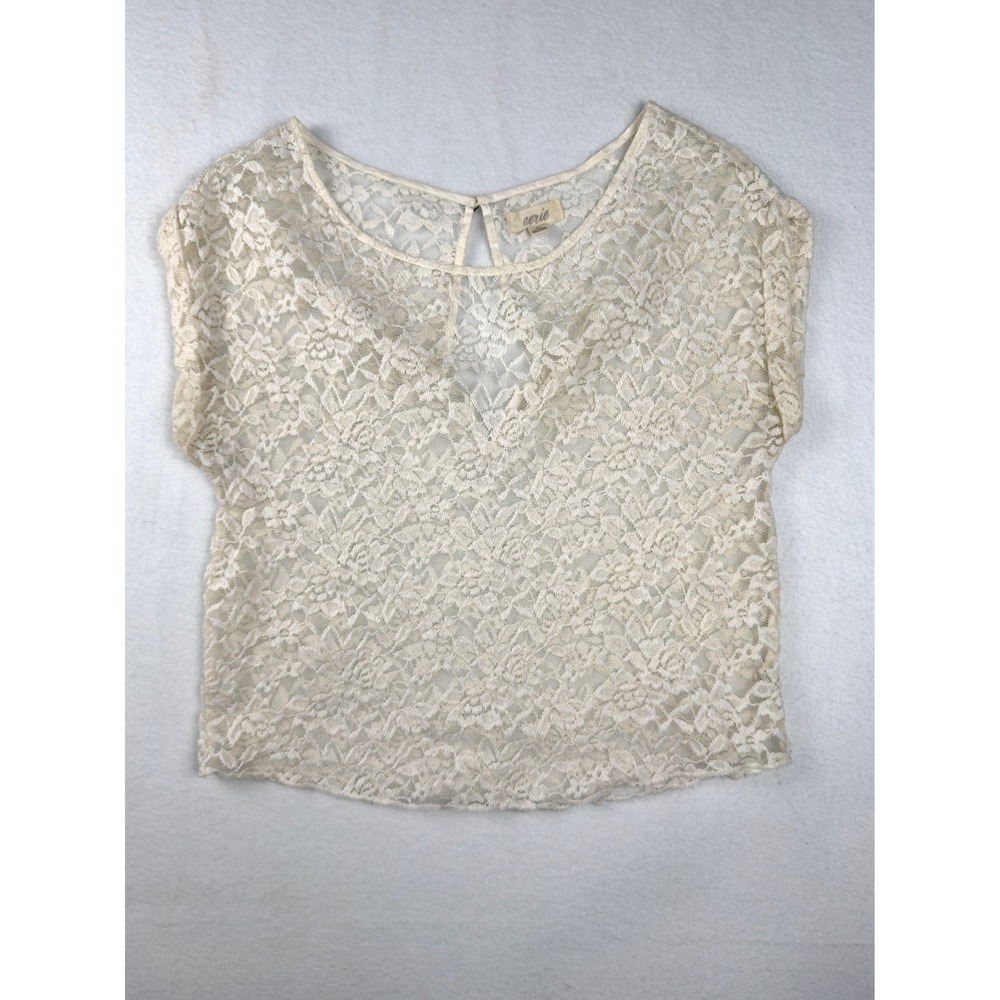 Aerie Womens Small Cream Floral Lace Sheer Crop Top Coquette Fairycore Festival